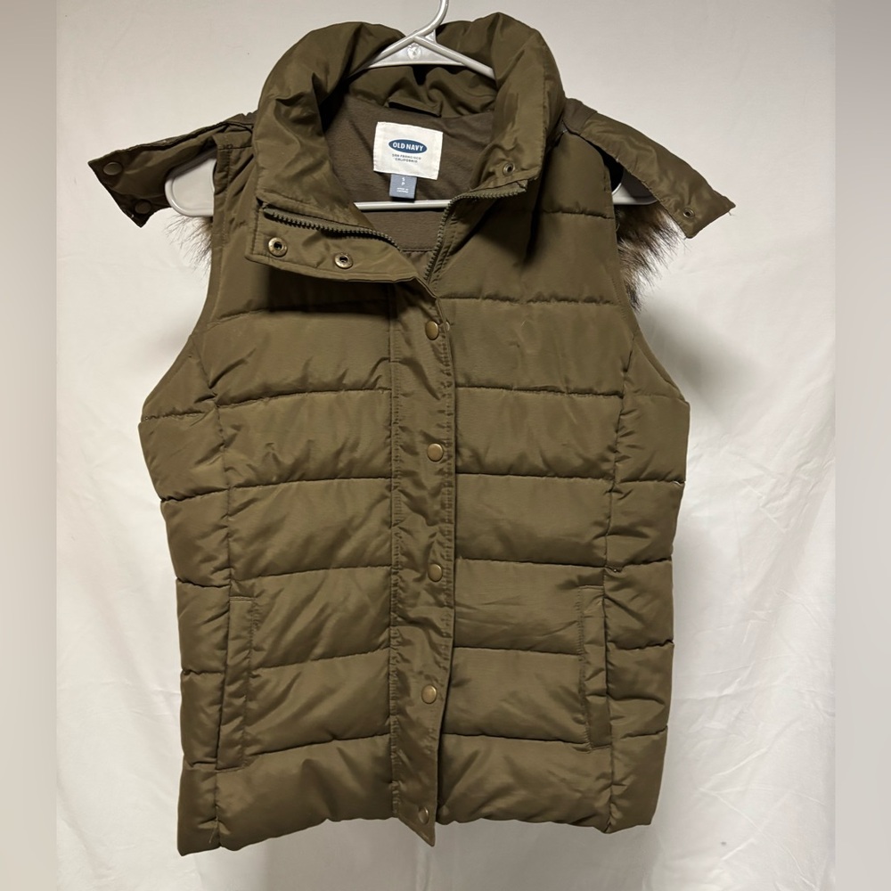 Olive Green Puffer Vest with Faux Fur Hood